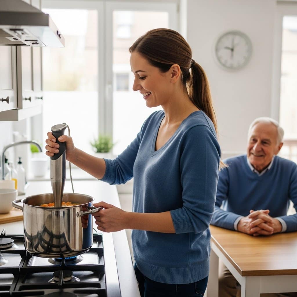 Middle-aged woman using an immersion blender to puree soup on a stovetop while an older man sits at the kitchen table watching, full-body centered view