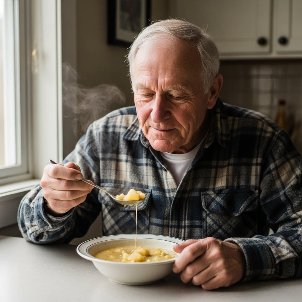 Older man in flannel shirt spooning creamy potato soup from a wide bowl at a kitchen counter, waist-up centered view