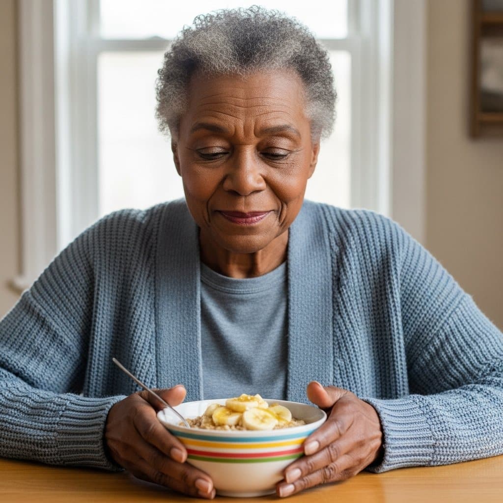 Older woman in a soft knit cardigan seated at a kitchen table looking at a colorful bowl of oatmeal topped with banana and honey, waist-up centered view