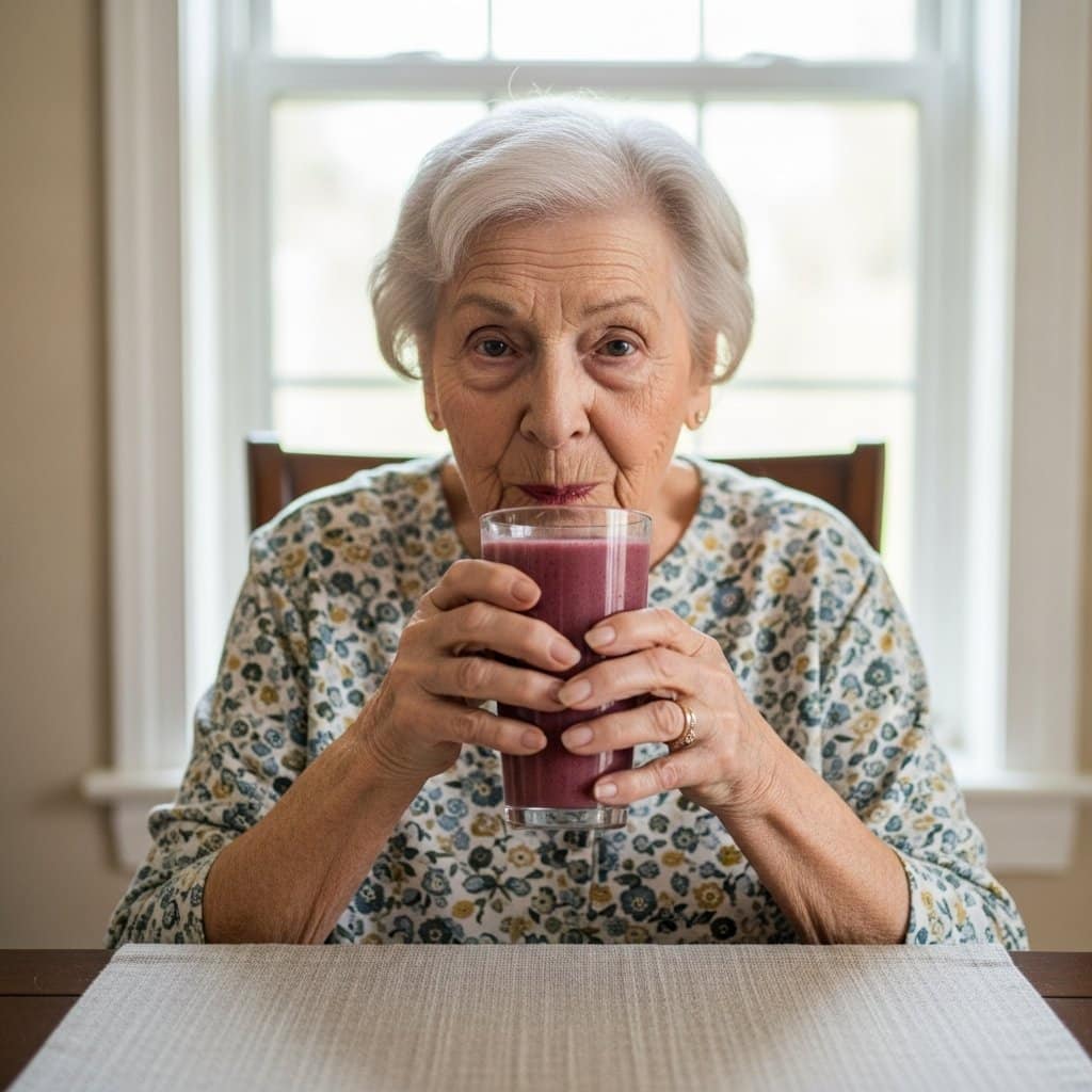 Older woman in a floral blouse holding a tall smoothie glass at a dining table, mouth parting to take a sip, waist-up centered view