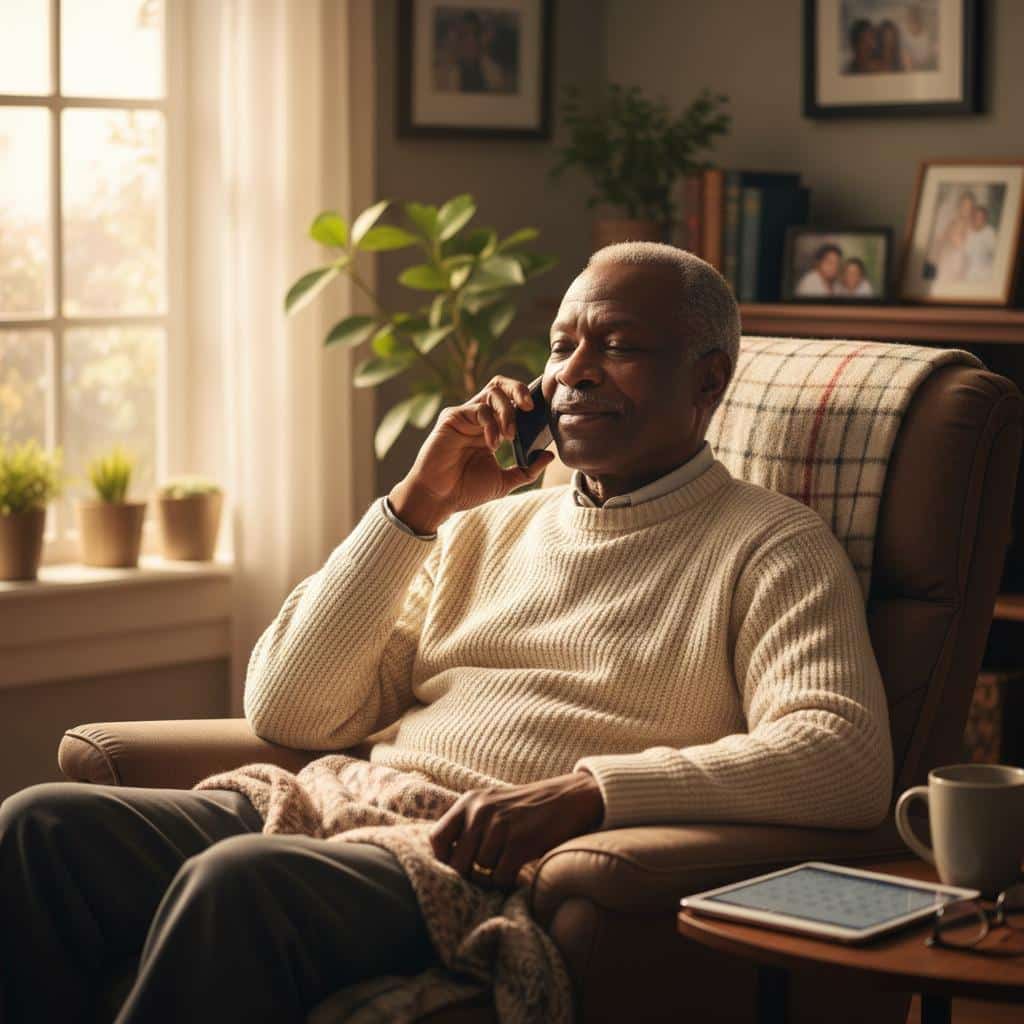 Older man in armchair listening to phone call, sunlit living room