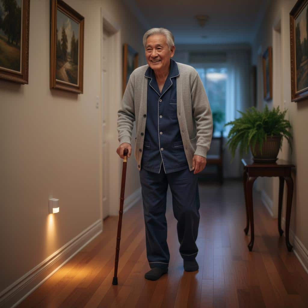 Senior man with cane walking in softly lit hallway guided by motion-sensor nightlight