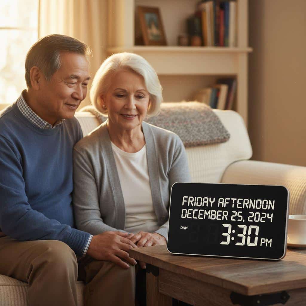 Senior couple on sofa looking at large digital day clock, soft natural light