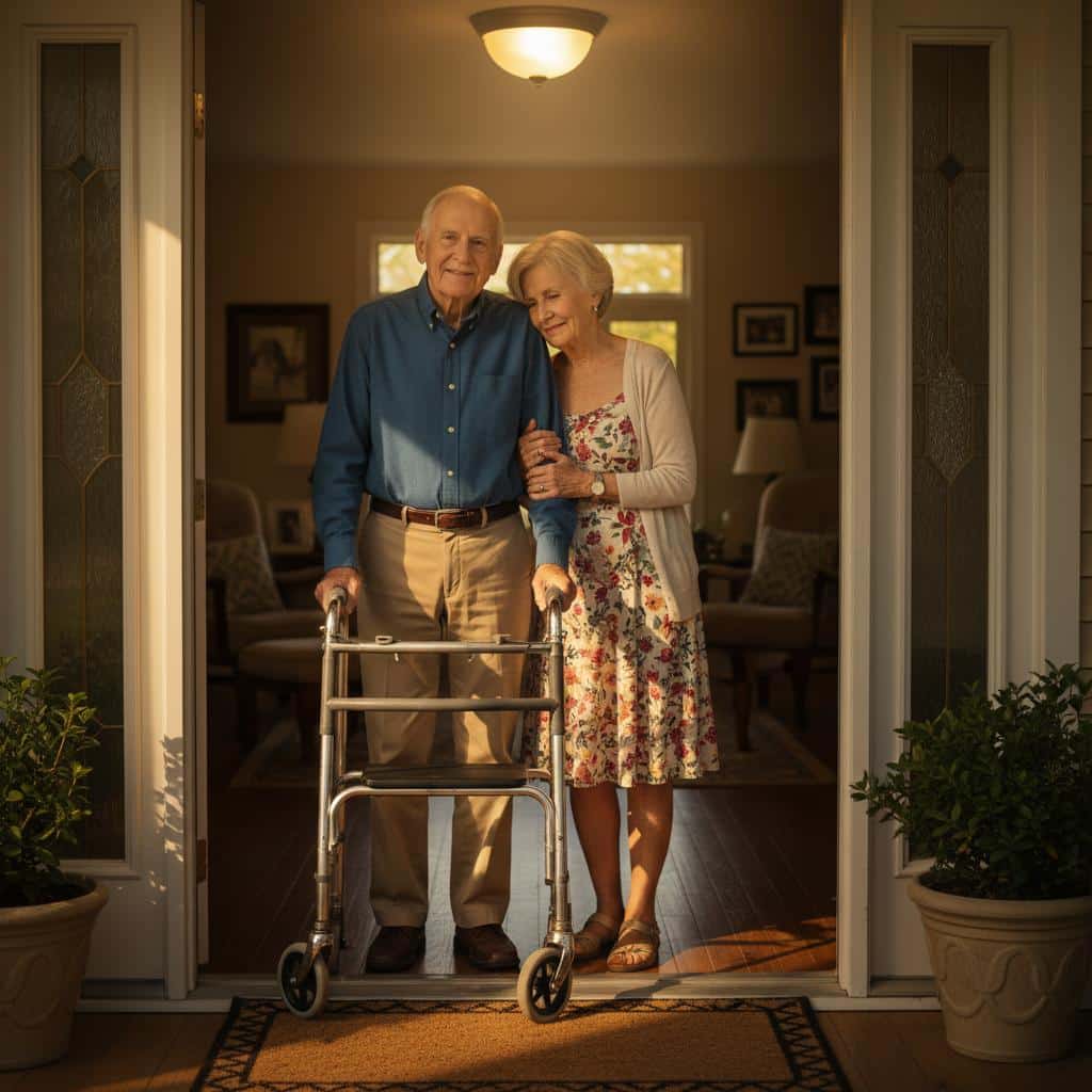 Senior couple in entryway, walker and automatic light illuminated as they enter