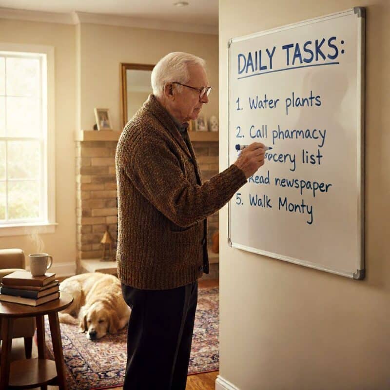 Elderly man daily whiteboard list