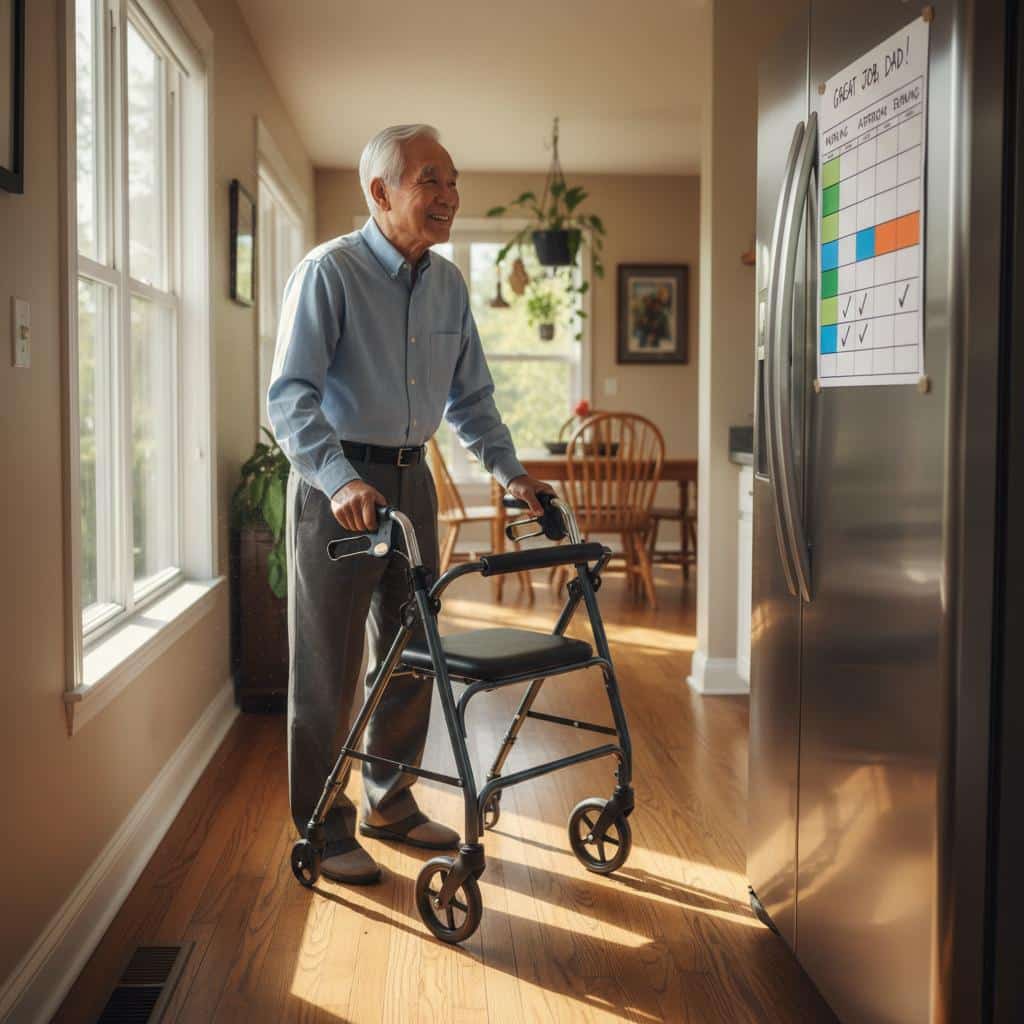 Older man with walker looking at color-coded chart on fridge in bright hallway