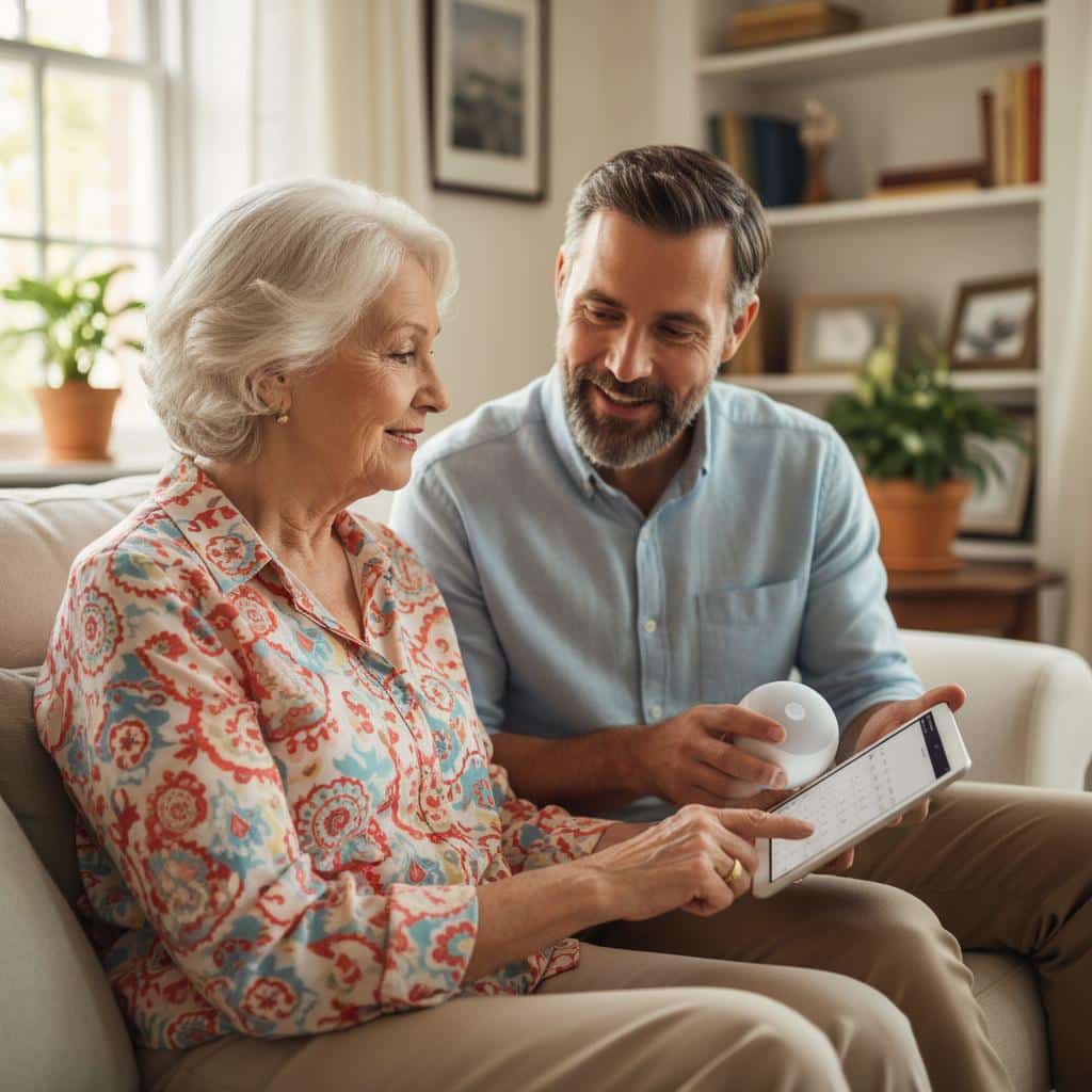 Older woman and adult son setting up voice assistant in naturally lit room