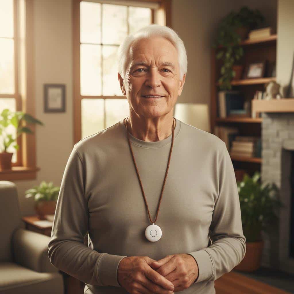 Older man in living room wearing a medical alert necklace, relaxed and smiling