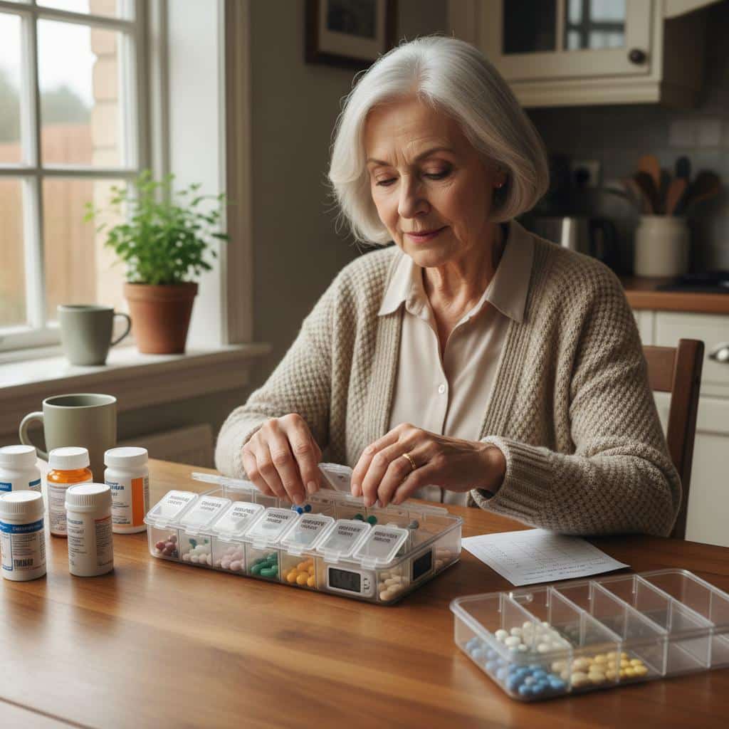 Older woman refilling pill organizer at kitchen table in natural light