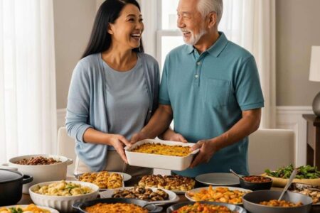 Asian grandfather granddaughter arranging potluck[1]