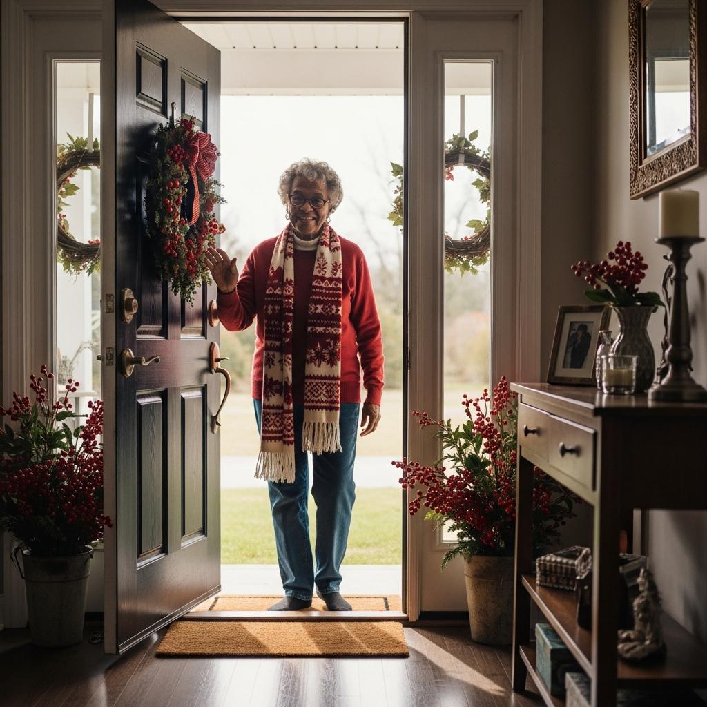 Older woman smiling and greeting family from a tidy front entryway, waist-up