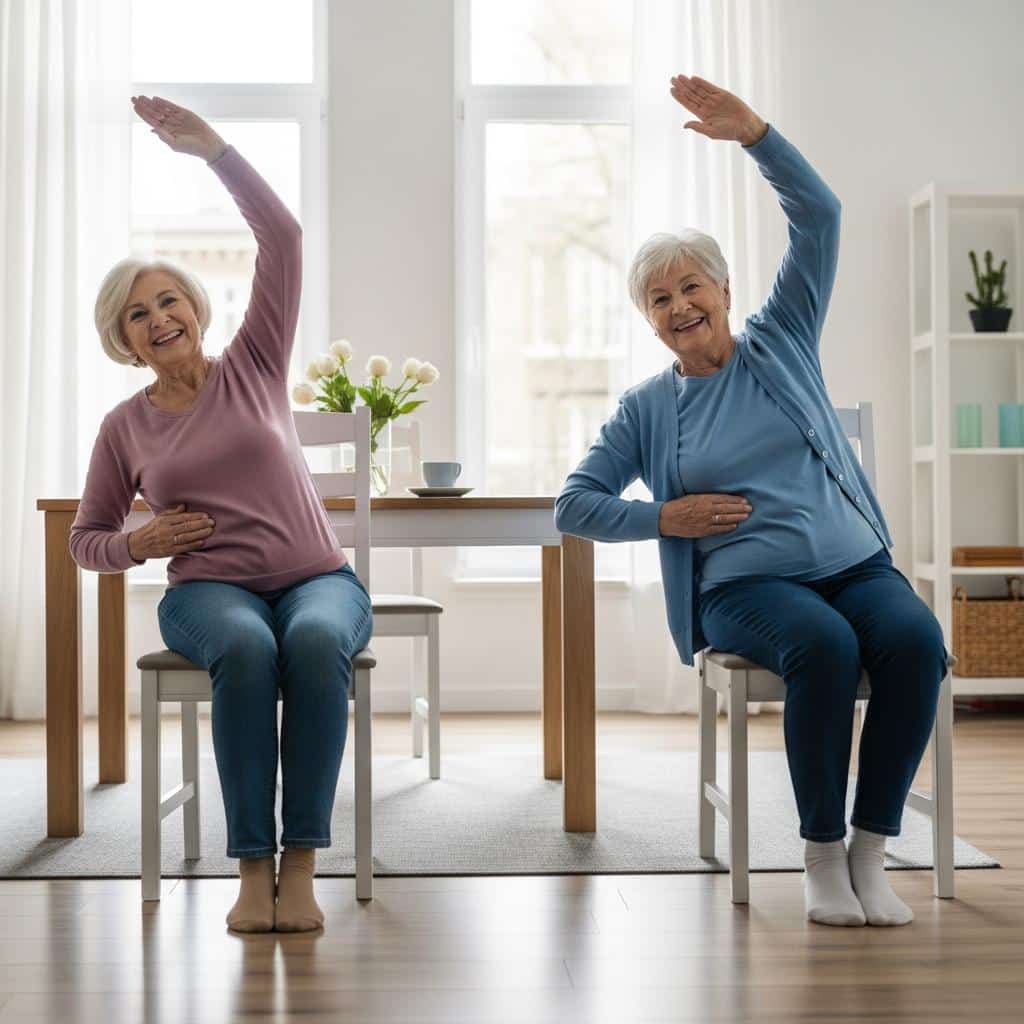 Older couple stretching using chairs in their living room, dressed comfortably and enjoying the activity