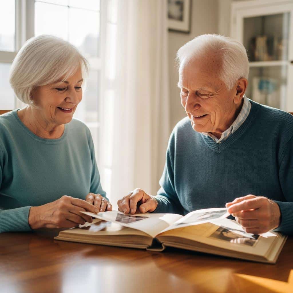Senior couple smiling as they look through a photo album at a sunlit table, waist-up