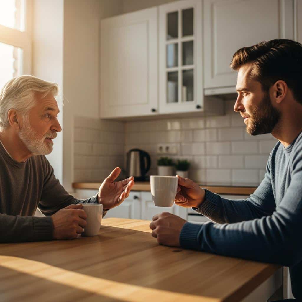 Elderly man and adult son sharing stories at a kitchen table, natural sunlight