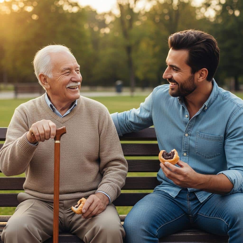 Older man on a cane and his adult son eating pastries together on a park bench, full-body view