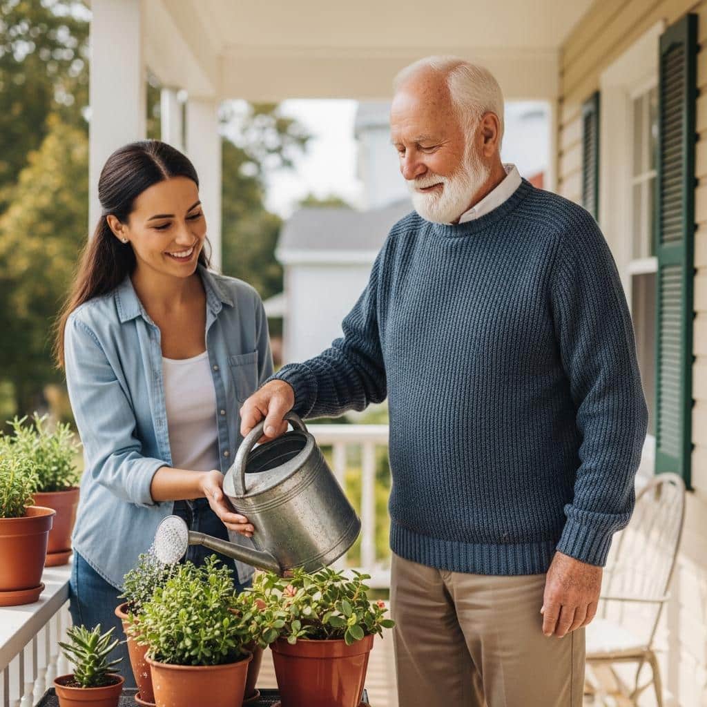 Older man and adult daughter watering porch plants together under midday sun, full-body