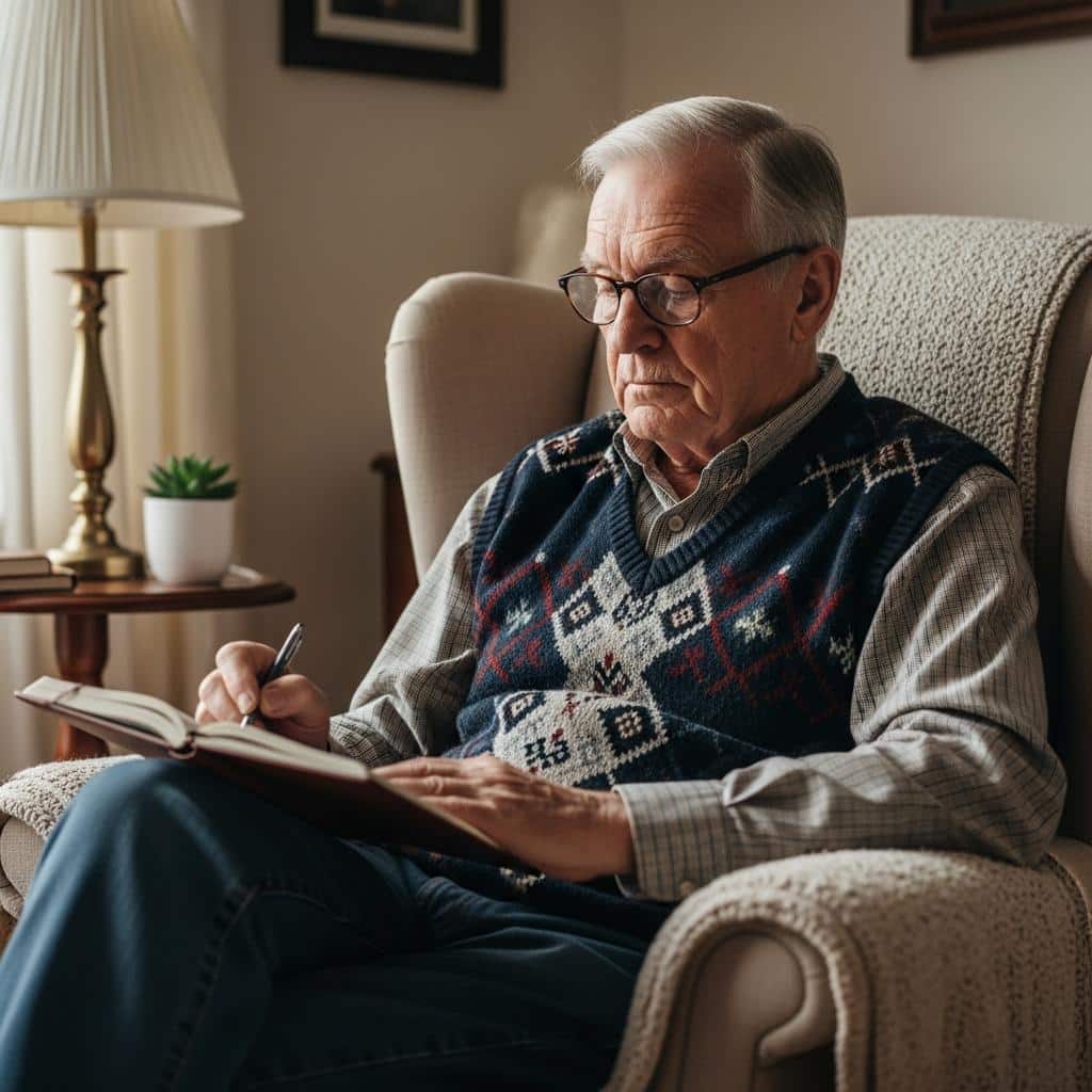 Older man sitting in armchair writing in a journal, peaceful setting