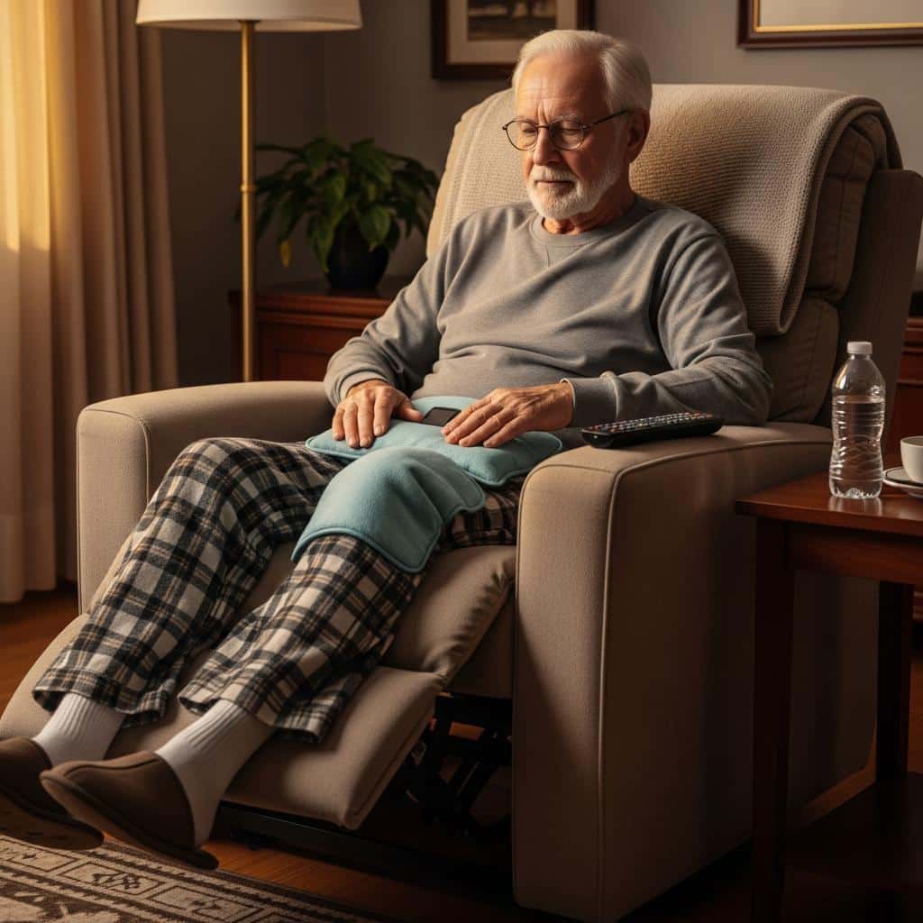 Elderly man in a recliner using a heating pad, looking comfortable and cared for at home