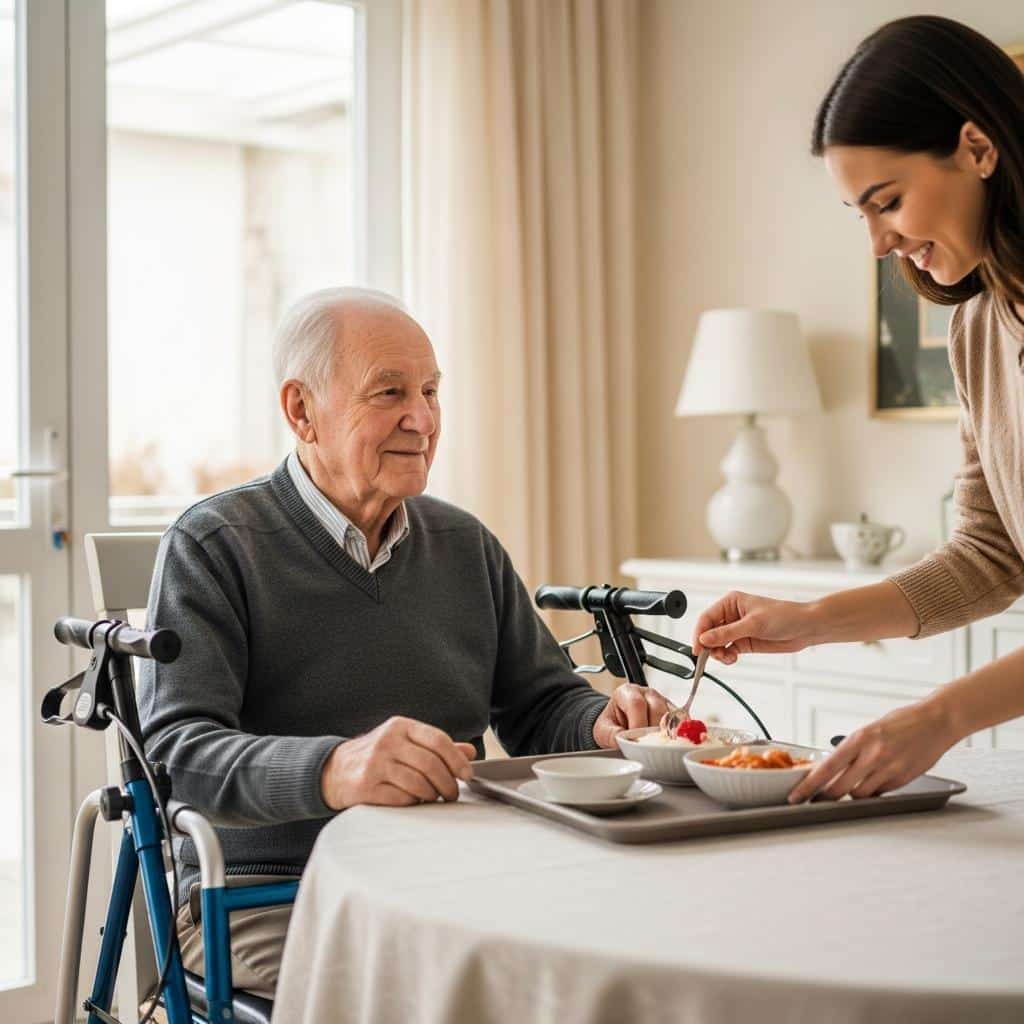 Elderly man seated near a walker, watching a grandchild prepare dessert in a softly lit dining room, side angle