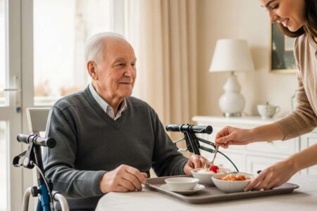 Elderly man with walker watching grandchild dessert[1]