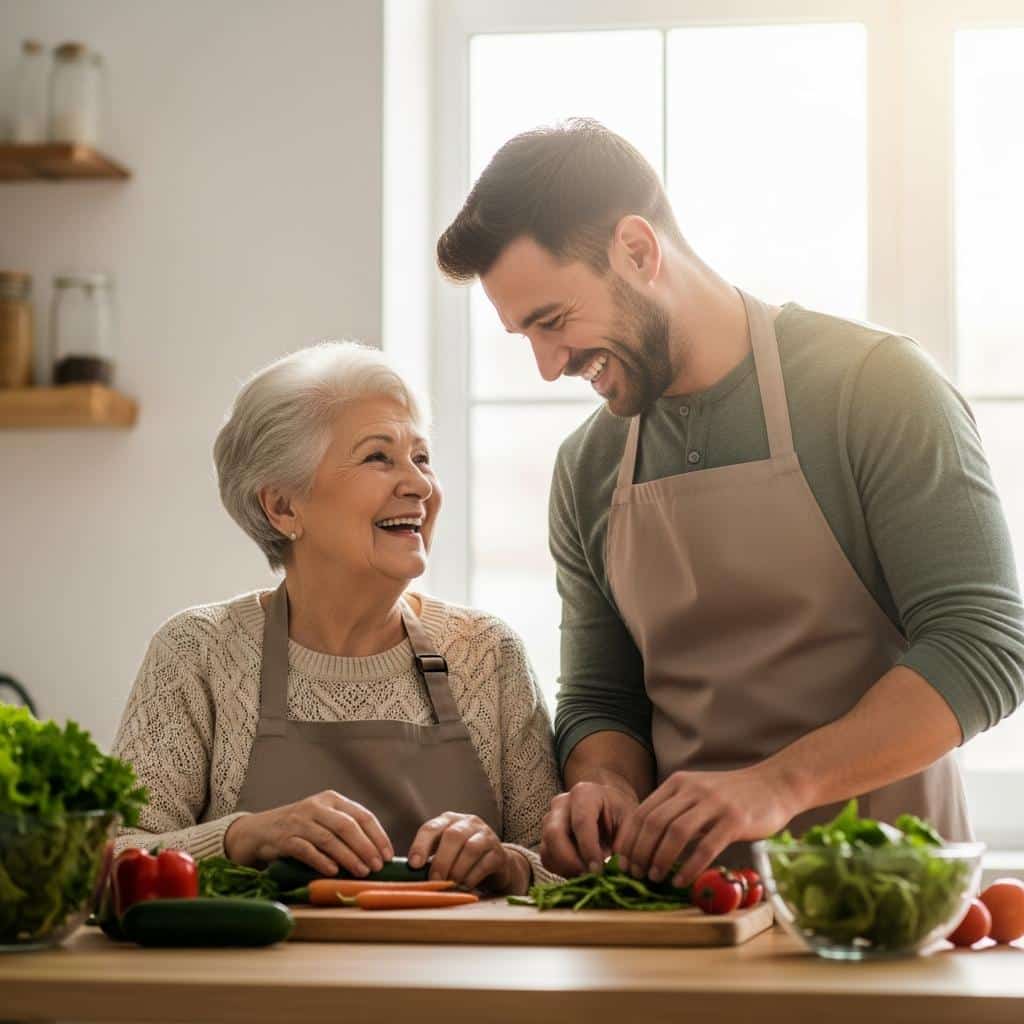 Older woman and adult son preparing vegetables together at sunlit kitchen counter