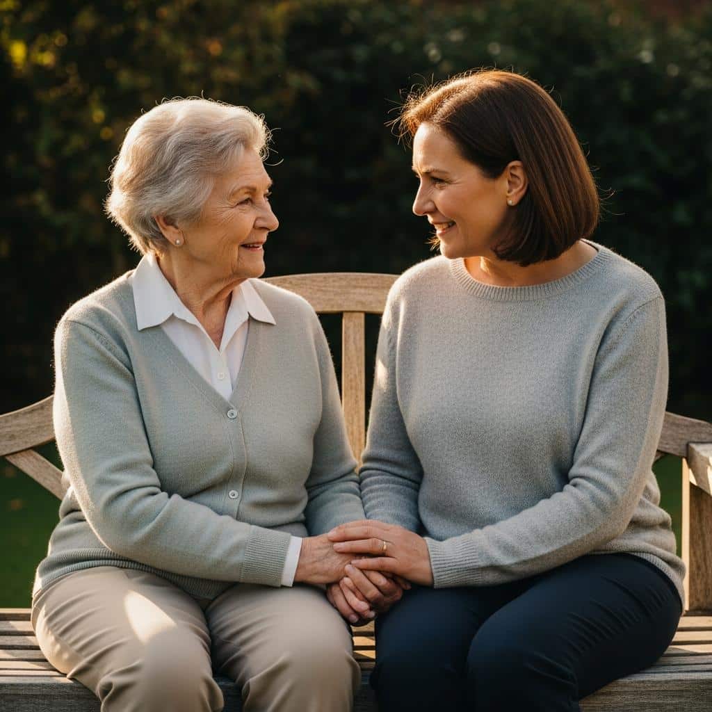 Senior woman and adult daughter sitting on a garden bench holding hands, smiling gently