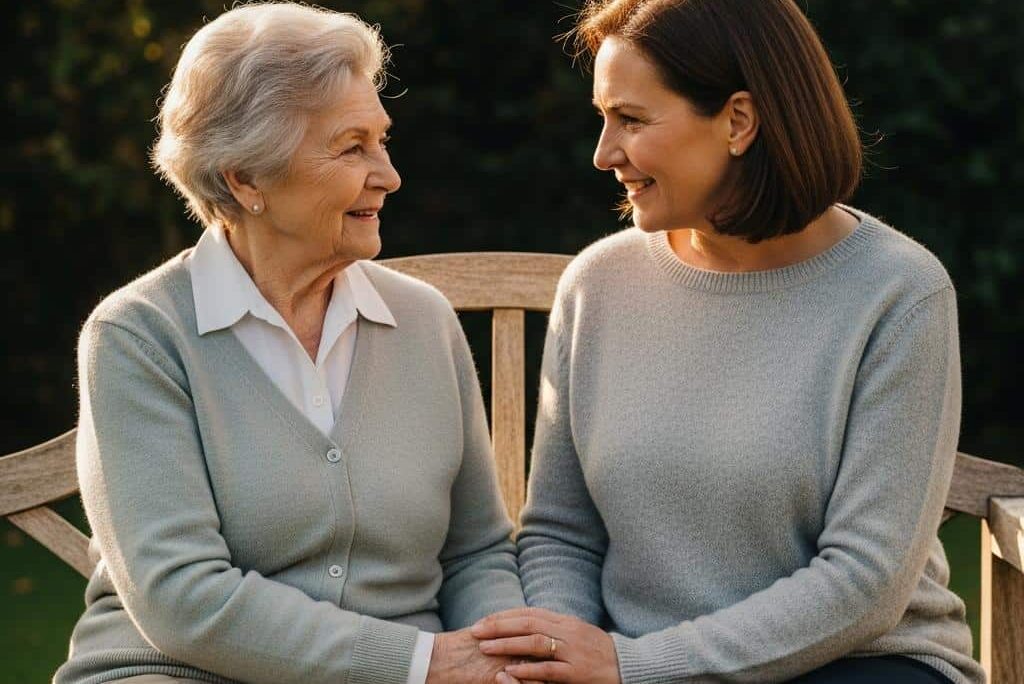 Elderly woman daughter garden bench[1]