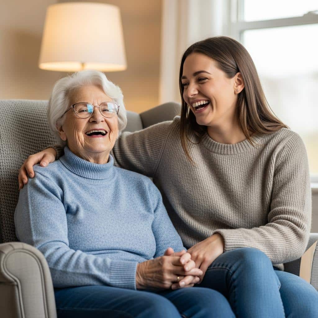 Older woman and her adult daughter laughing together while seated in a living room, waist-up