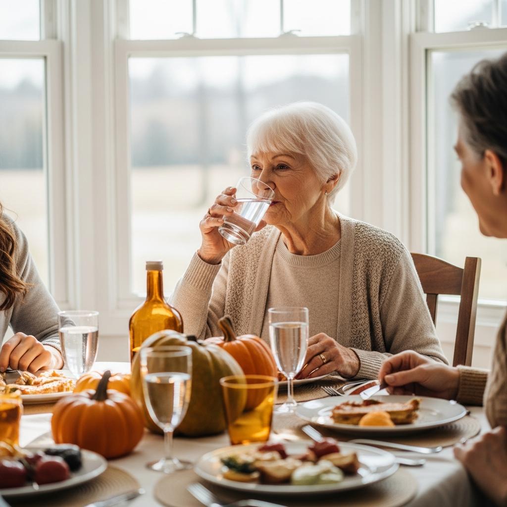 Older woman drinking water at a dining table with Thanksgiving food, waist-up