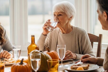 Elderly woman drinking water thanksgiving table[1]