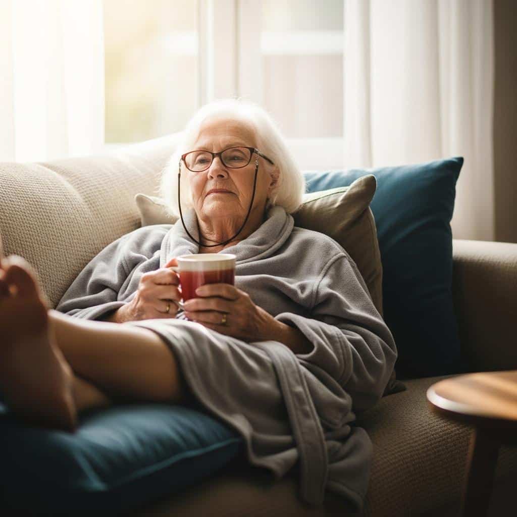 Elderly woman relaxing on a couch with a mug of tea, legs elevated and peaceful in the morning light