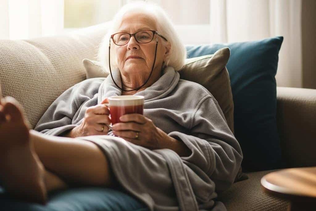 Elderly woman resting couch morning light[1]