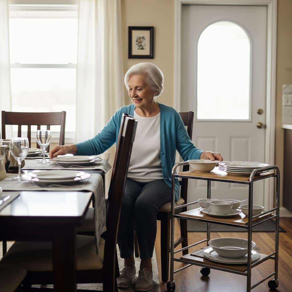 Senior woman sitting by a dining table, arranging place settings with a rolling cart nearby