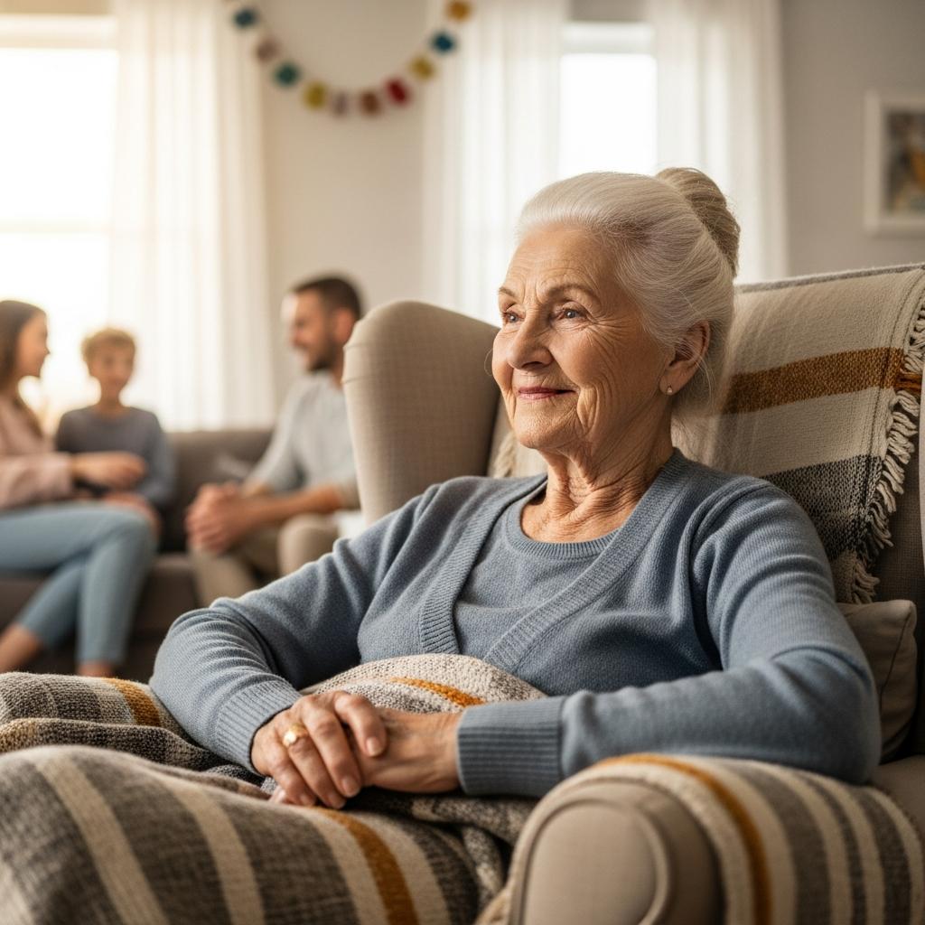 Older woman sitting comfortably in an armchair watching family decorate for Thanksgiving, waist-up