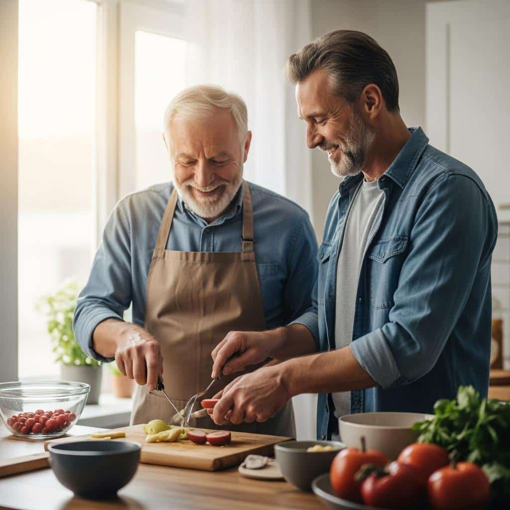 Man and older father in the kitchen preparing a meal together