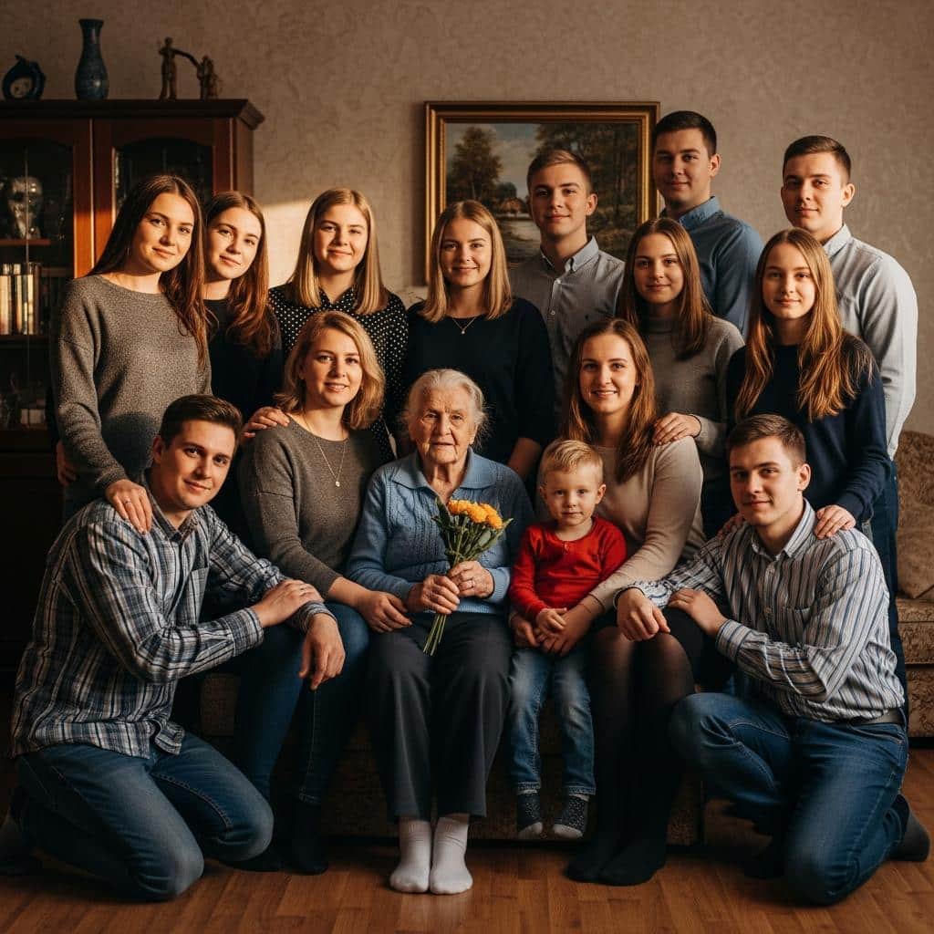 Family group portrait with elderly woman seated in center, surrounded by warmly smiling relatives