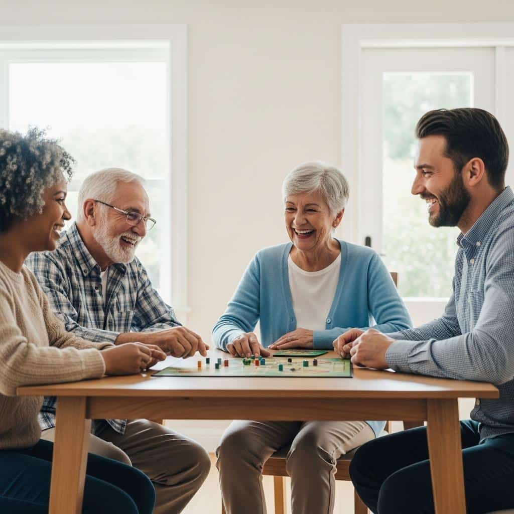 Older couple and adult son laughing while playing a board game at the table