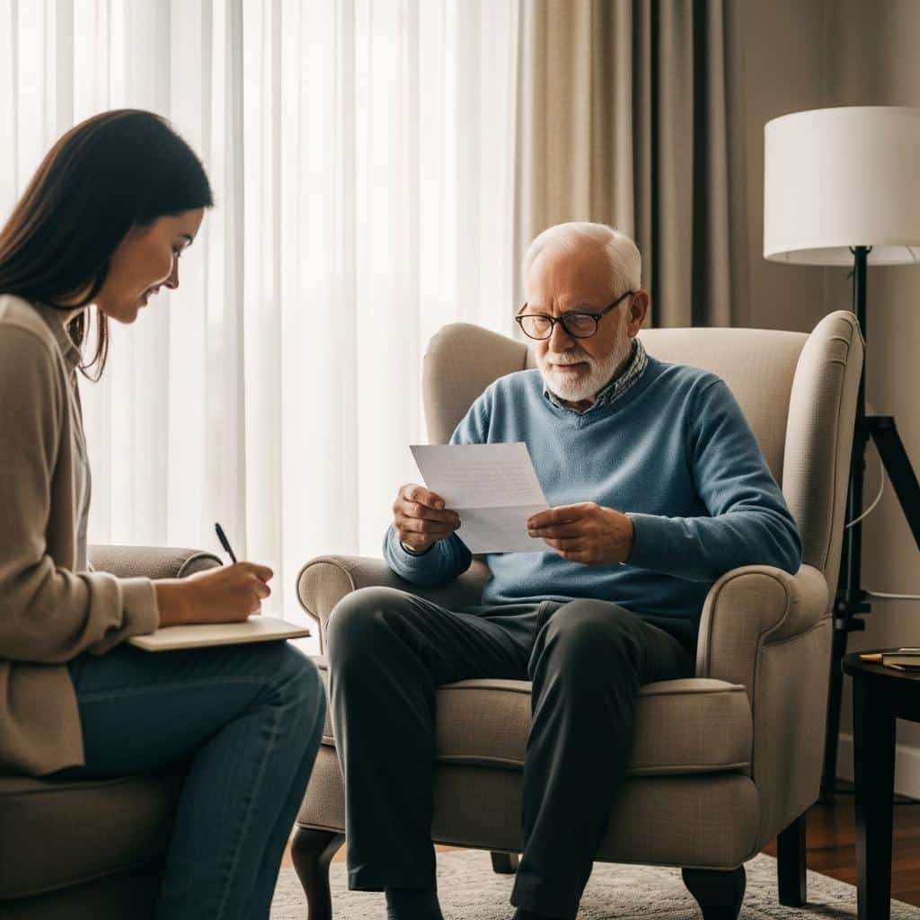 Older man reading a letter as his adult daughter journals, both in a calm living room