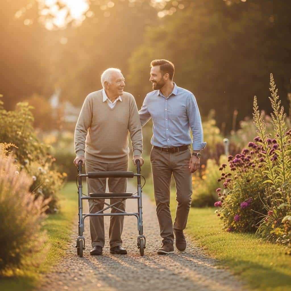 Older man with walker and adult son walking along a garden path