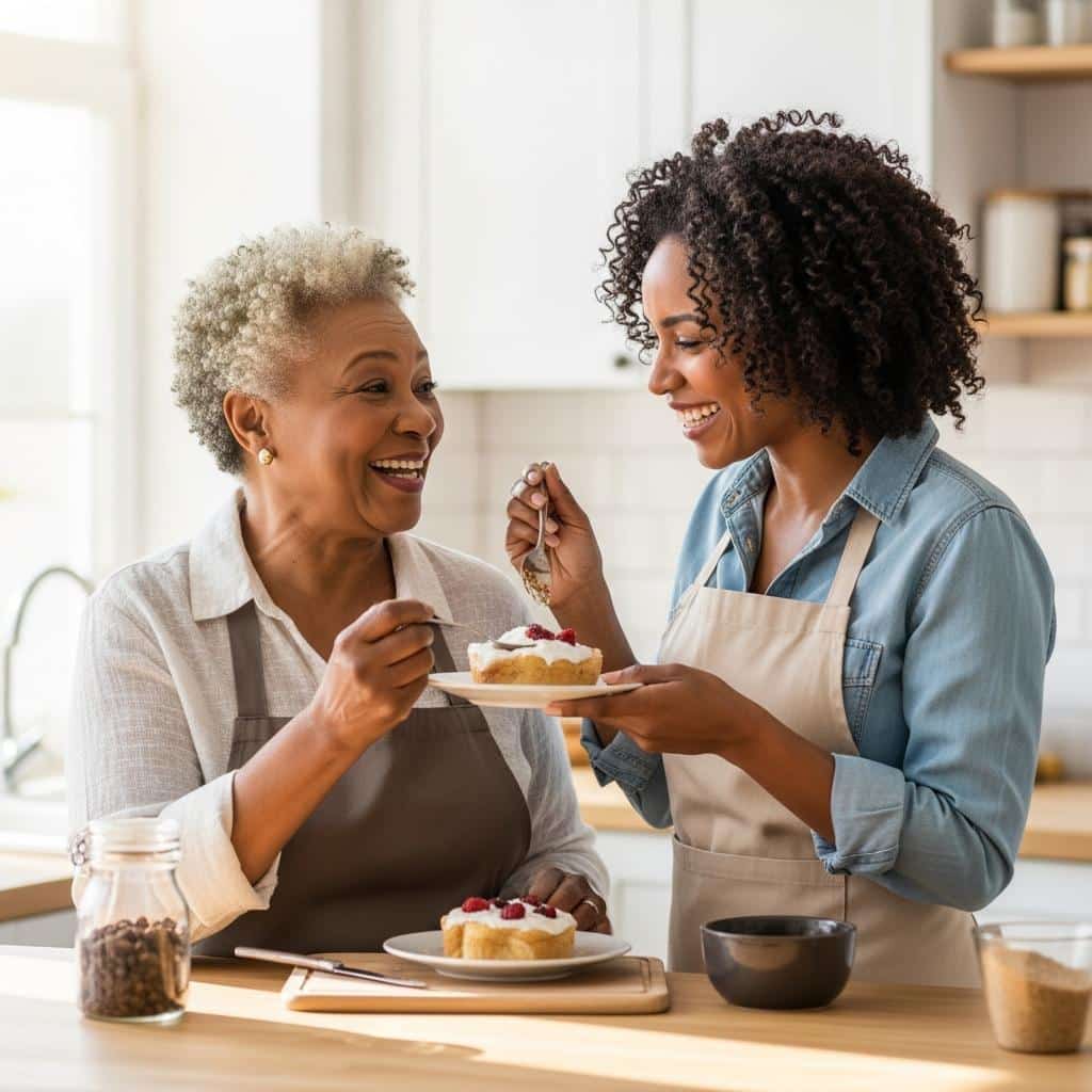 Older woman and daughter laughing while enjoying dessert in a kitchen