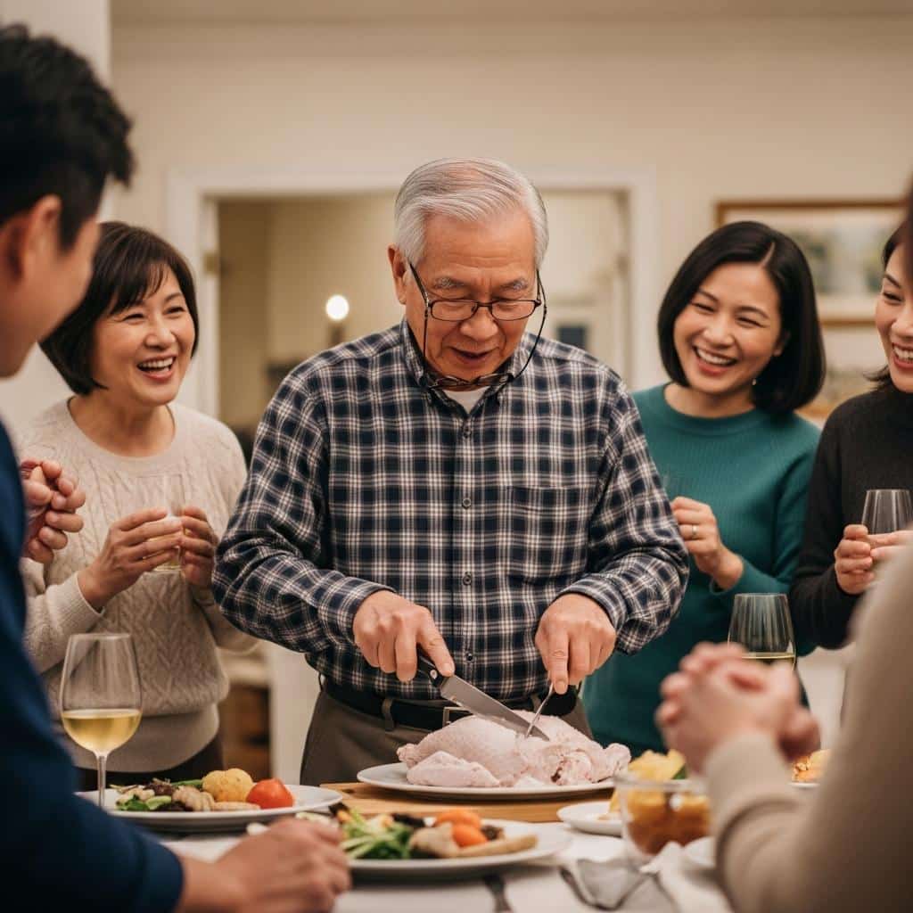 Older man carving turkey with friends around him, waist-up indoor dinner setting