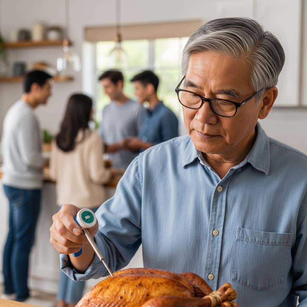 Older man wearing glasses checking temperature of roasting turkey in kitchen