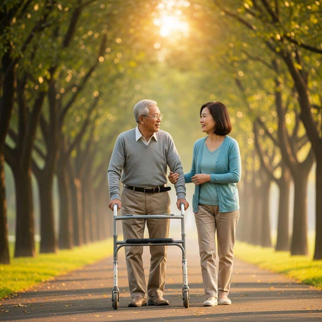 Senior man using a walker and his adult daughter walking outdoors on a path, full-body