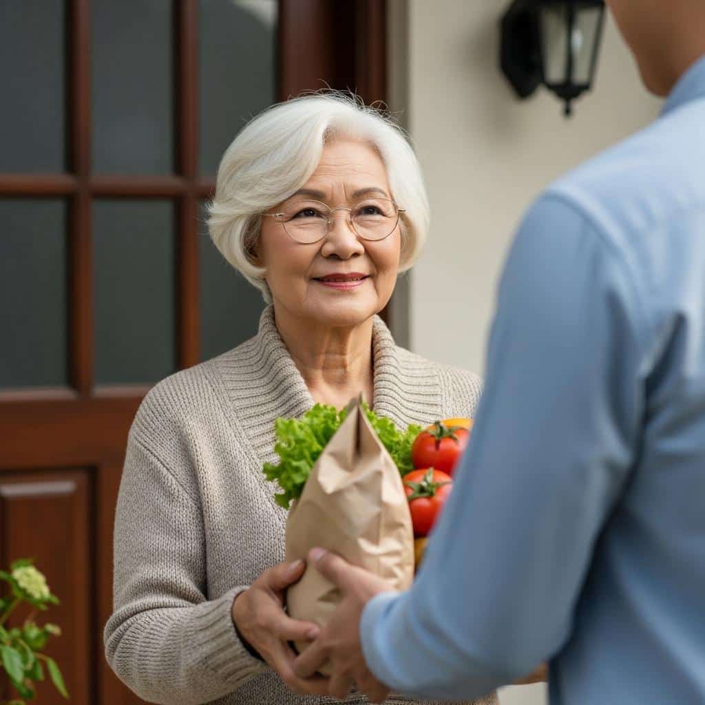 Older woman accepting groceries at her door from a delivery worker, smiling gratefully