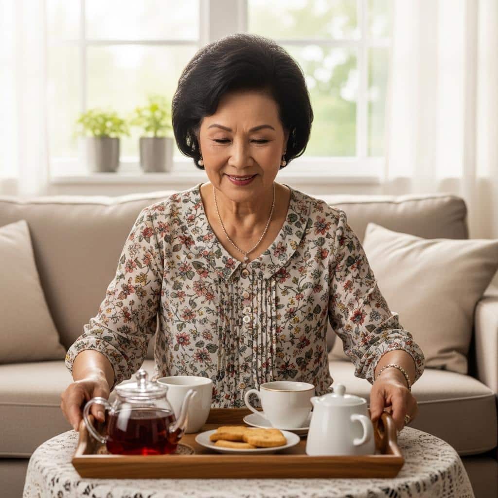 Older woman setting up a refreshment tray with drinks and snacks in her living room