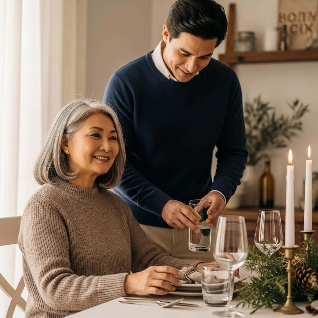 Older woman smiling as her adult son helps at a sunlit holiday table, waist-up