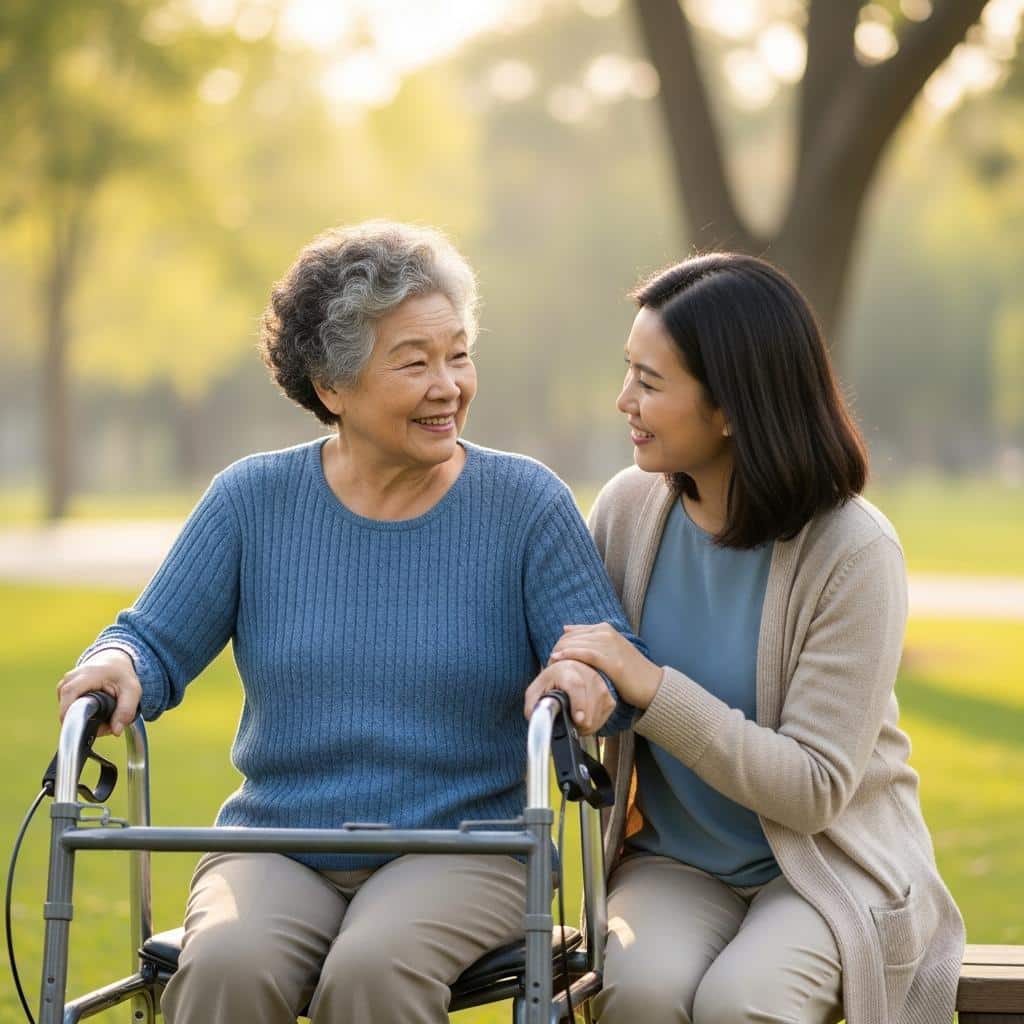 Older woman with walker sitting in a park beside her adult daughter, both smiling