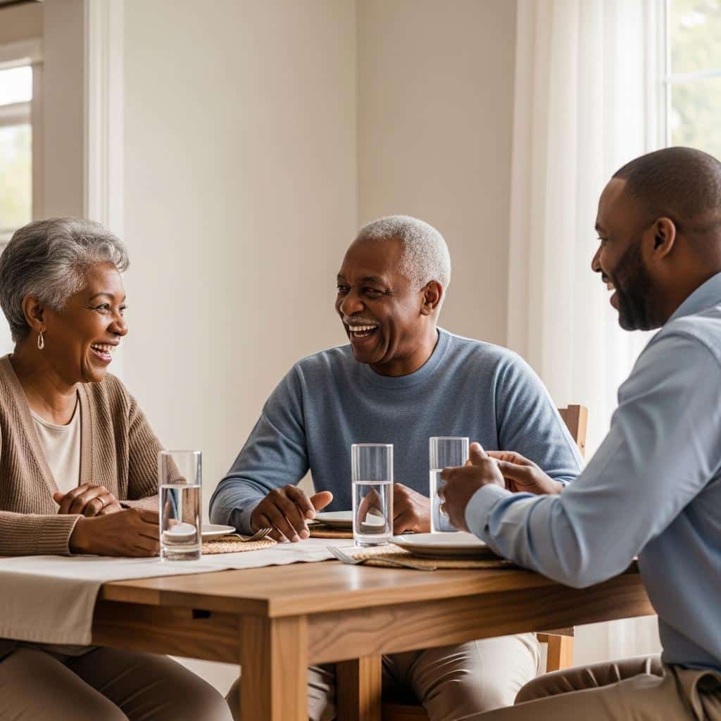 Older couple and adult son sitting at a dining table sharing laughter, warmly lit