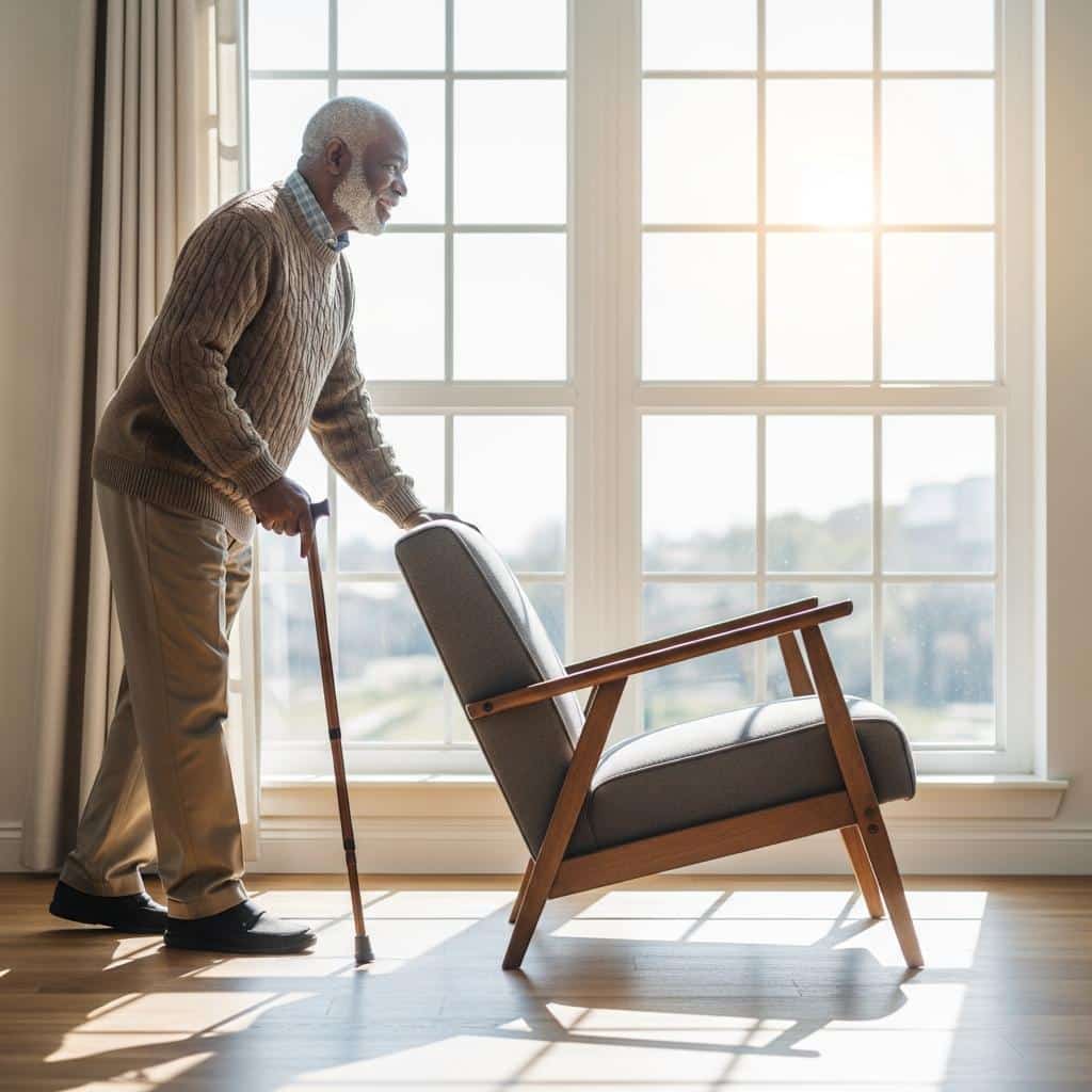 Older man with cane positioning an armchair toward a window in his living room