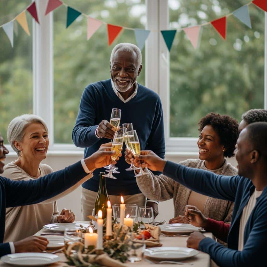 Older man raising a glass in toast among friends at festive dinner table, mid-body view